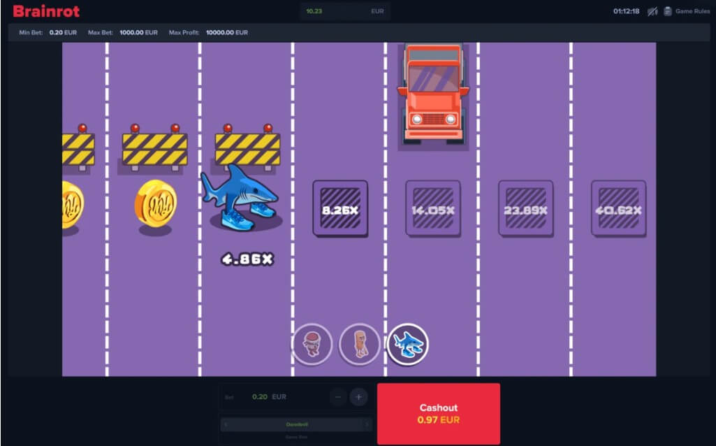Capture d'écran de l'interface du jeu de casino "Brainrot", présentant un mini-jeu de parcours d'obstacles sur une route violette à plusieurs voies.