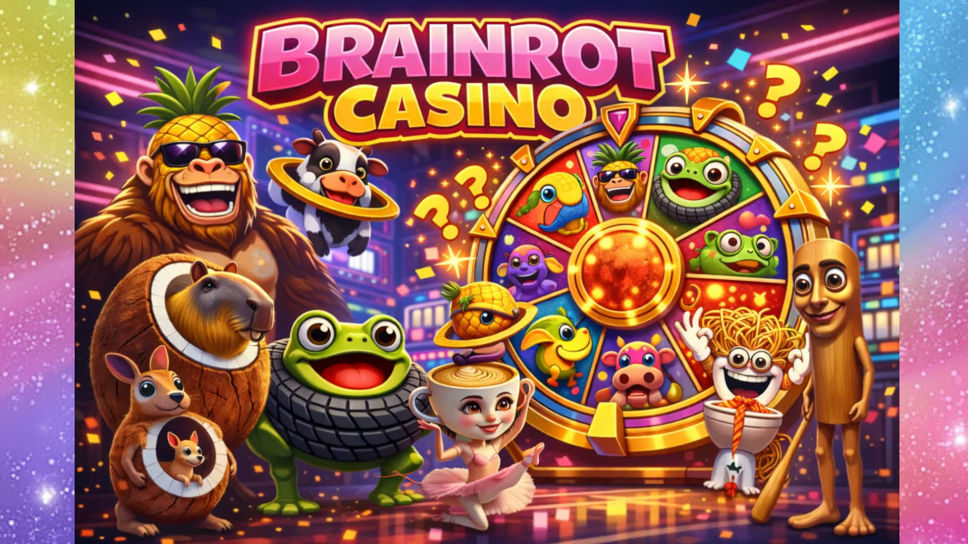 Graphisme promotionnel coloré de style dessin animé pour un jeu mobile ou un casino en ligne intitulé "BRAINROT CASINO"